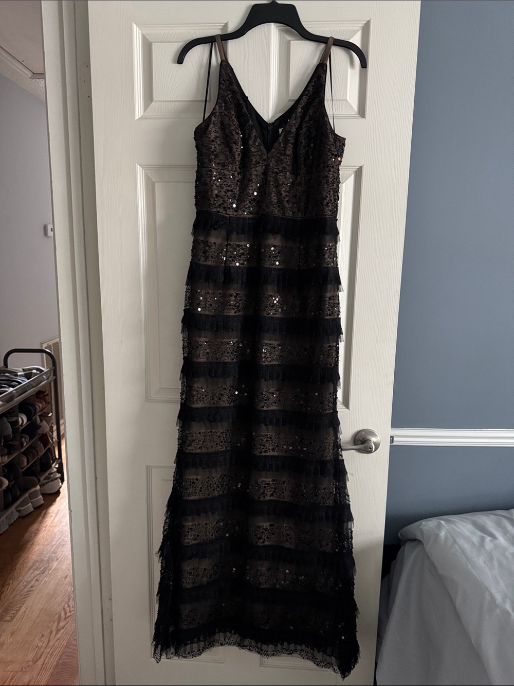 Dress the Population Black Sequin Tiered Fringe Maxi Dress